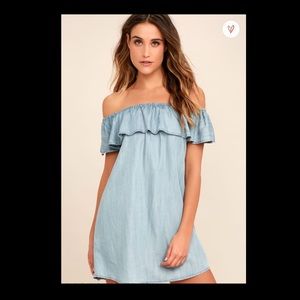 Stand Out Style Chambray Blue Off The Shoulder Dress